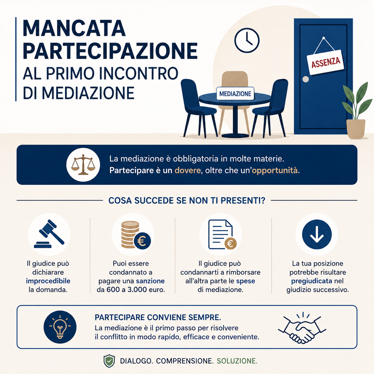 Mancata partecipazione al primo incontro: le sanzioni dell’art. 12-bis spiegate al cliente