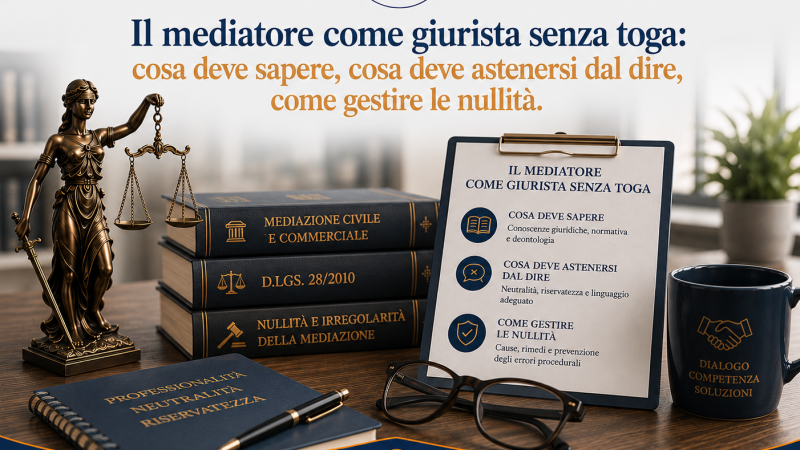 Il mediatore come giurista senza toga: cosa deve sapere, cosa deve astenersi dal dire, come gestire le nullità.