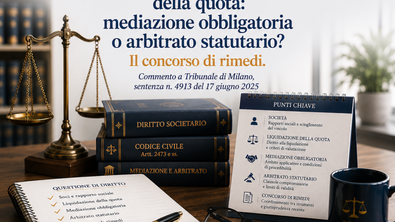 Socio uscente e liquidazione della quota: mediazione obbligatoria o arbitrato statutario? Il concorso di rimedi