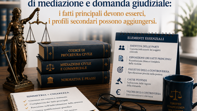 Simmetria tra istanza di mediazione e domanda giudiziale: i fatti principali devono esserci, i profili secondari possono aggiungersi.