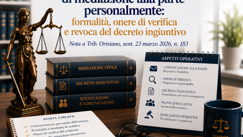 Comunicazione dell’istanza di mediazione alla parte personalmente: formalità, onere di verifica e revoca del decreto ingiuntivo