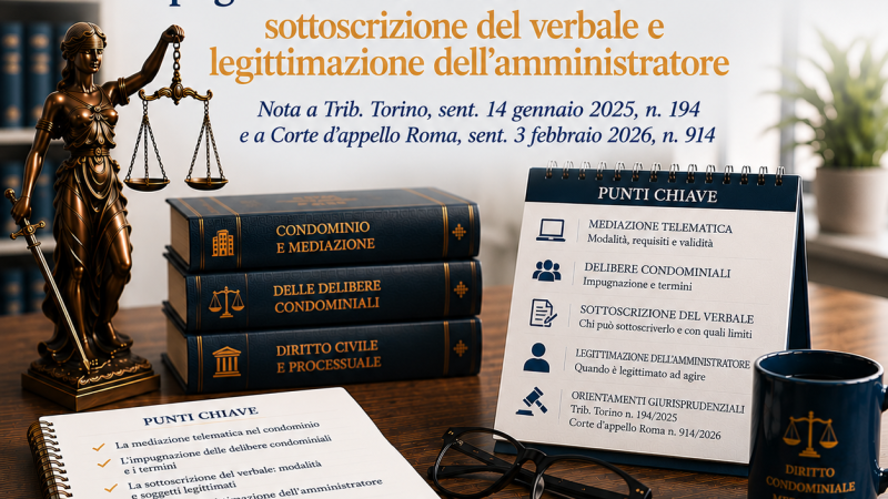 Mediazione telematica e impugnazione di delibere condominiali: sottoscrizione del verbale e legittimazione dell’amministratore